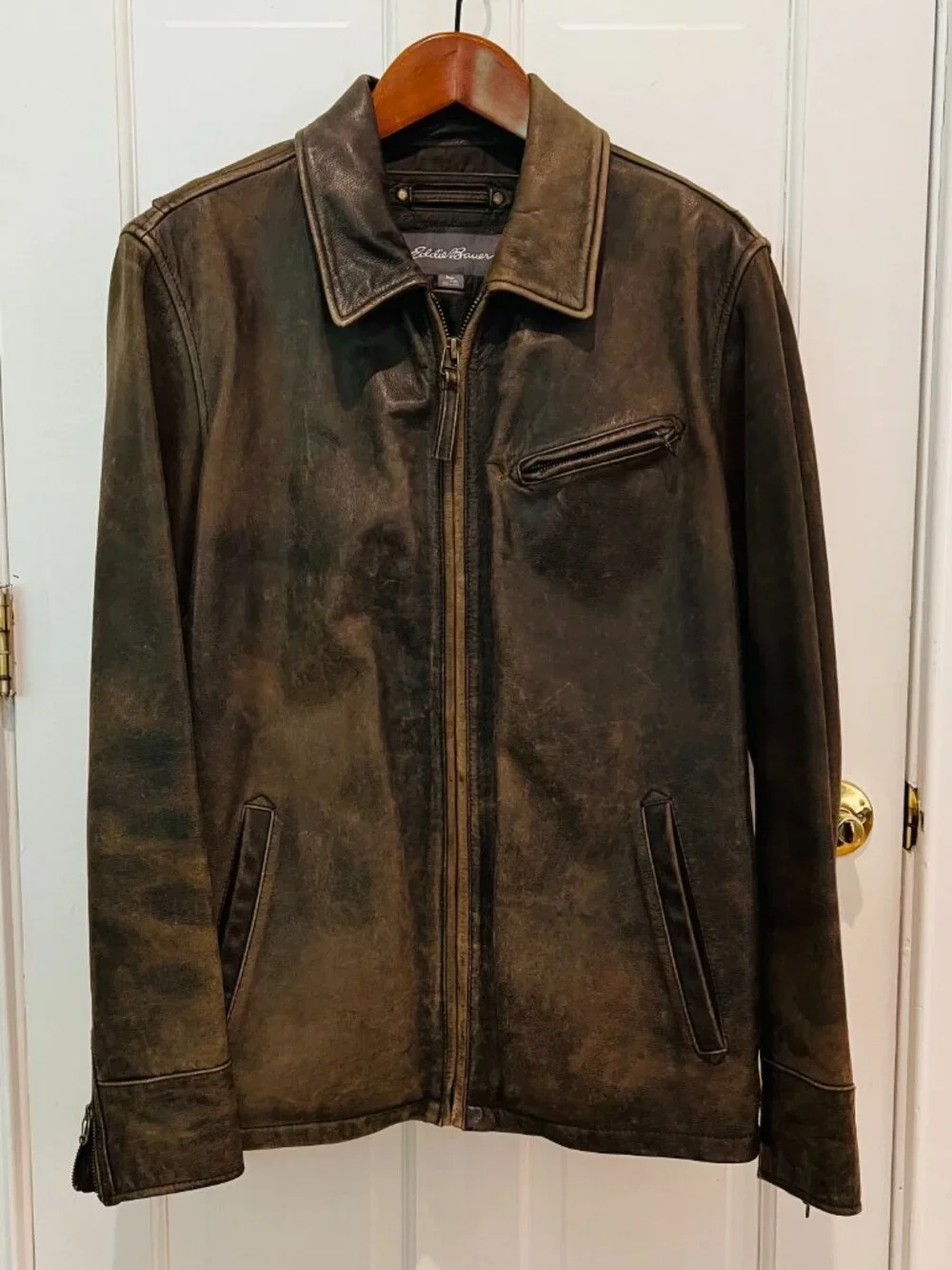 VINTAGE Eddie Bauer Distressed Heavy Leather Jacket Coat Mens TXL